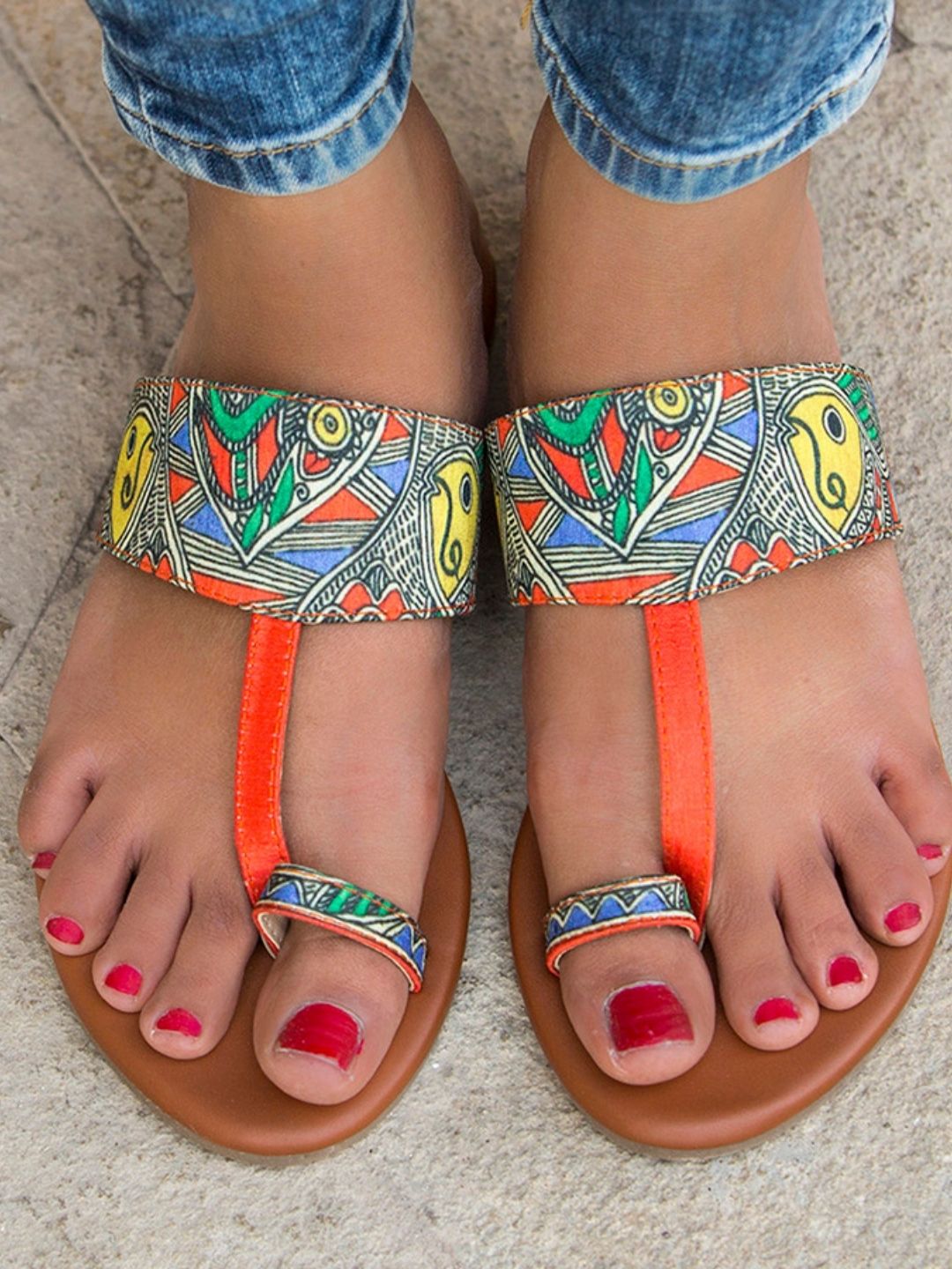 Orange Madhubani Print Kolhapuris