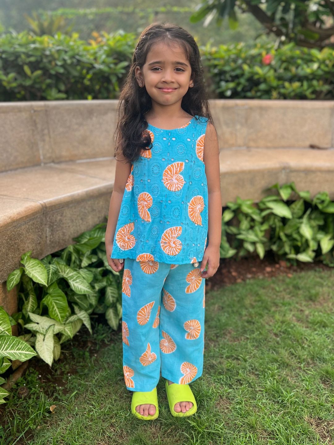 Girls Cotton Linen Co-ord Set - Blue Shell Print