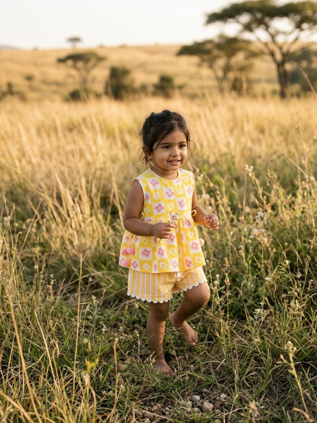 Girls Cotton Linen Top and Shorts Set – Yellow Flower Print