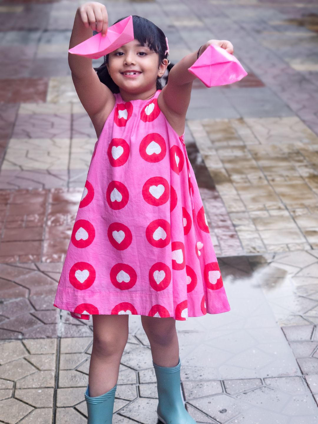 Girls Cotton Dress - Pink Heart Print