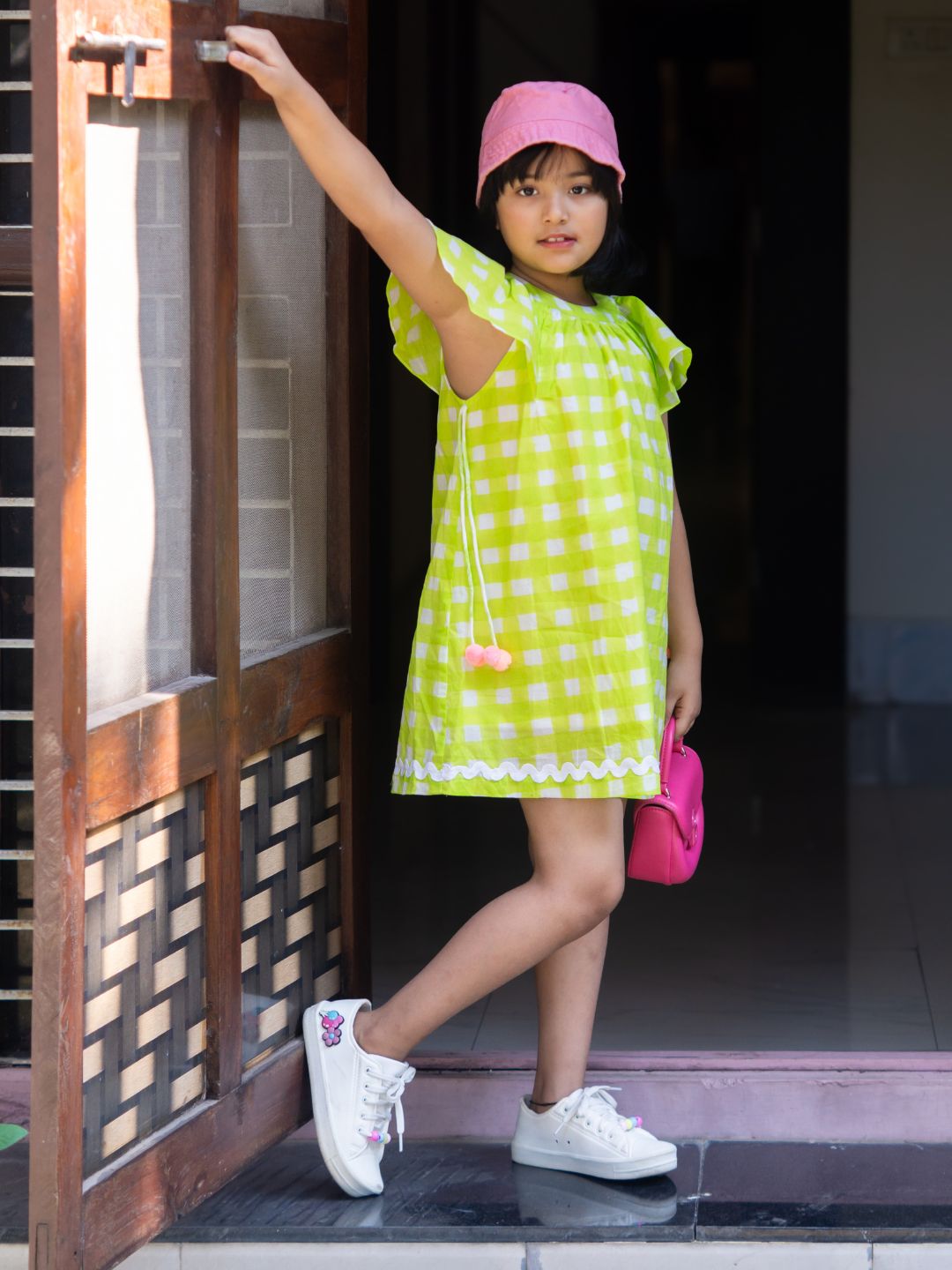 Girls Cotton Dress - Green Checks Print