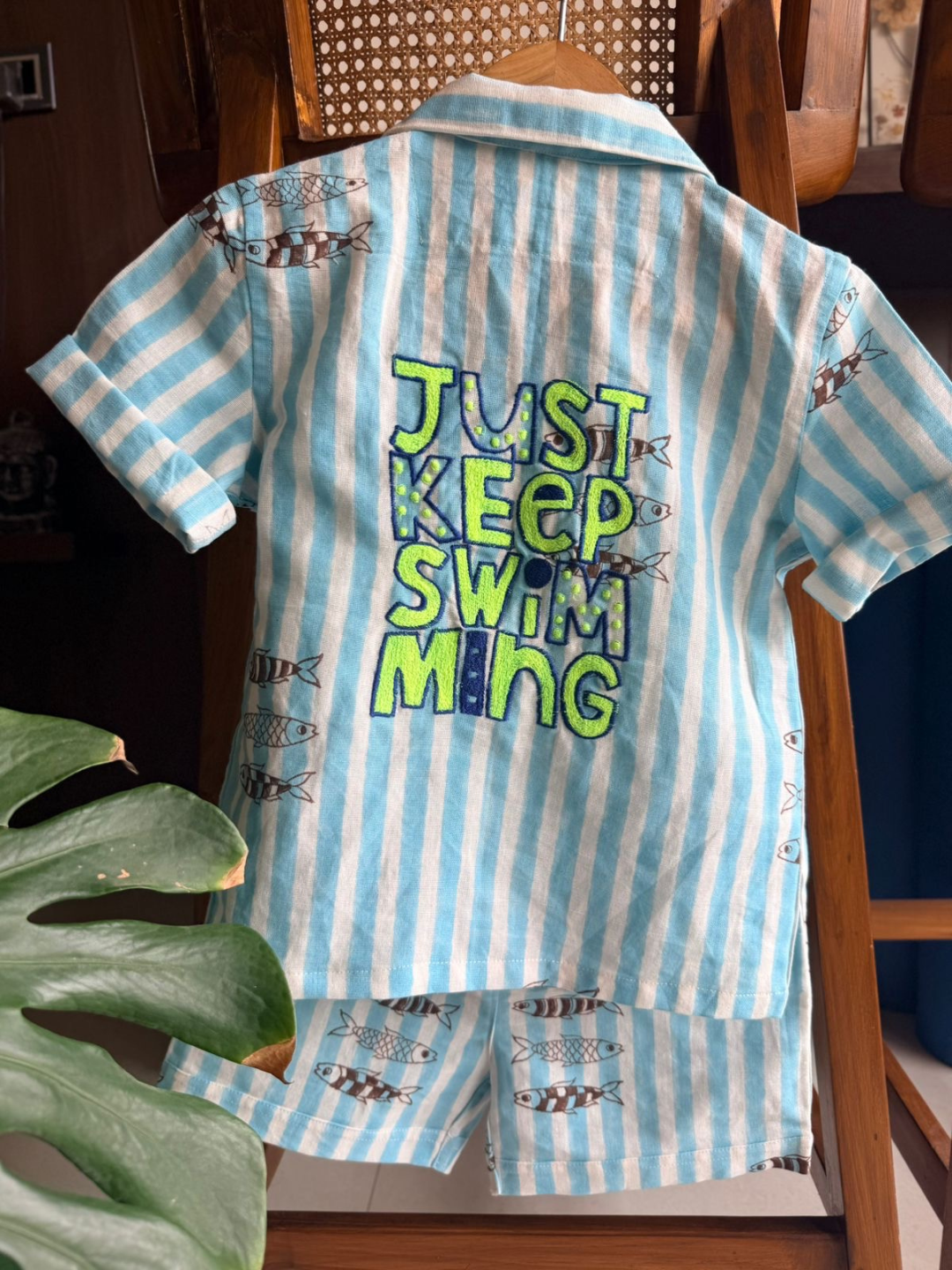 Kids Cotton Linen Co-ord Set - Blue Striped Fish Print