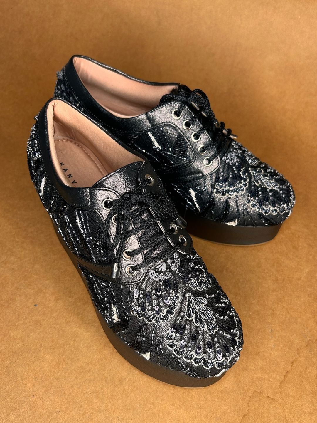 Black Silver Embroidered High Wedge Sneakers