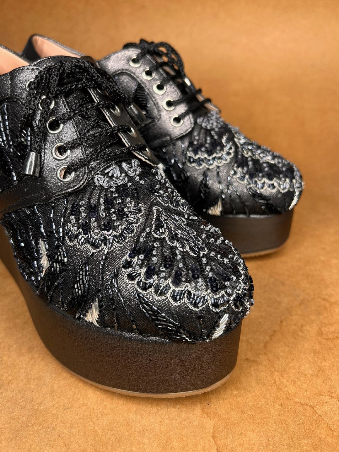 Black Silver Embroidered High Wedge Sneakers