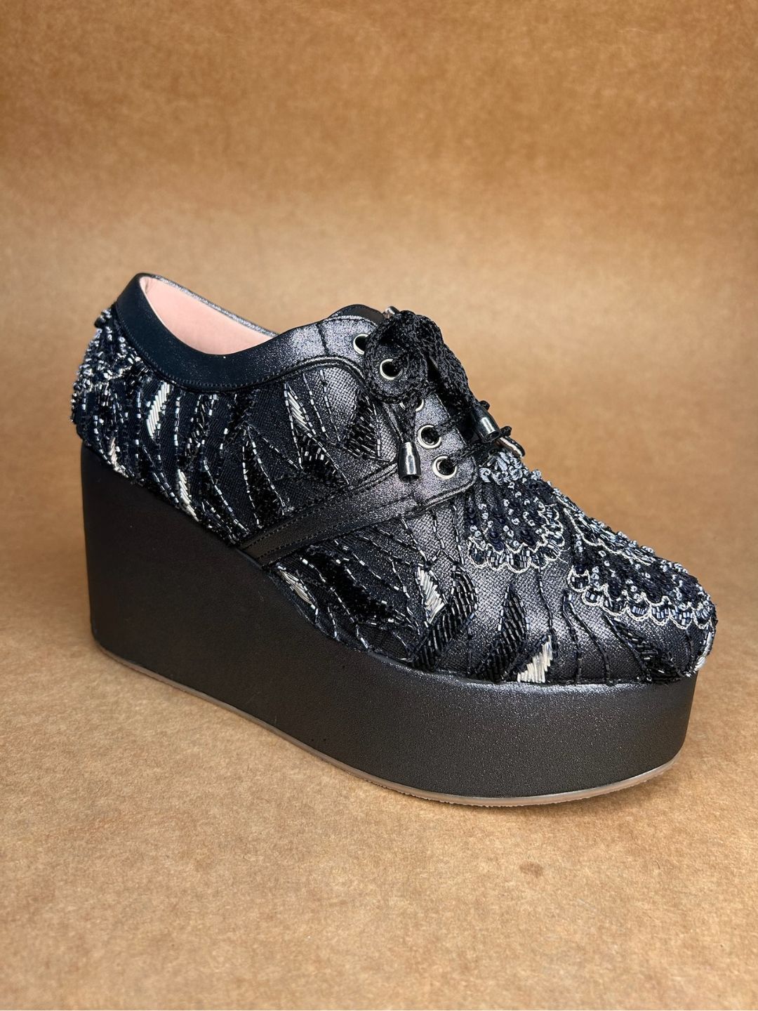 Black Silver Embroidered High Wedge Sneakers