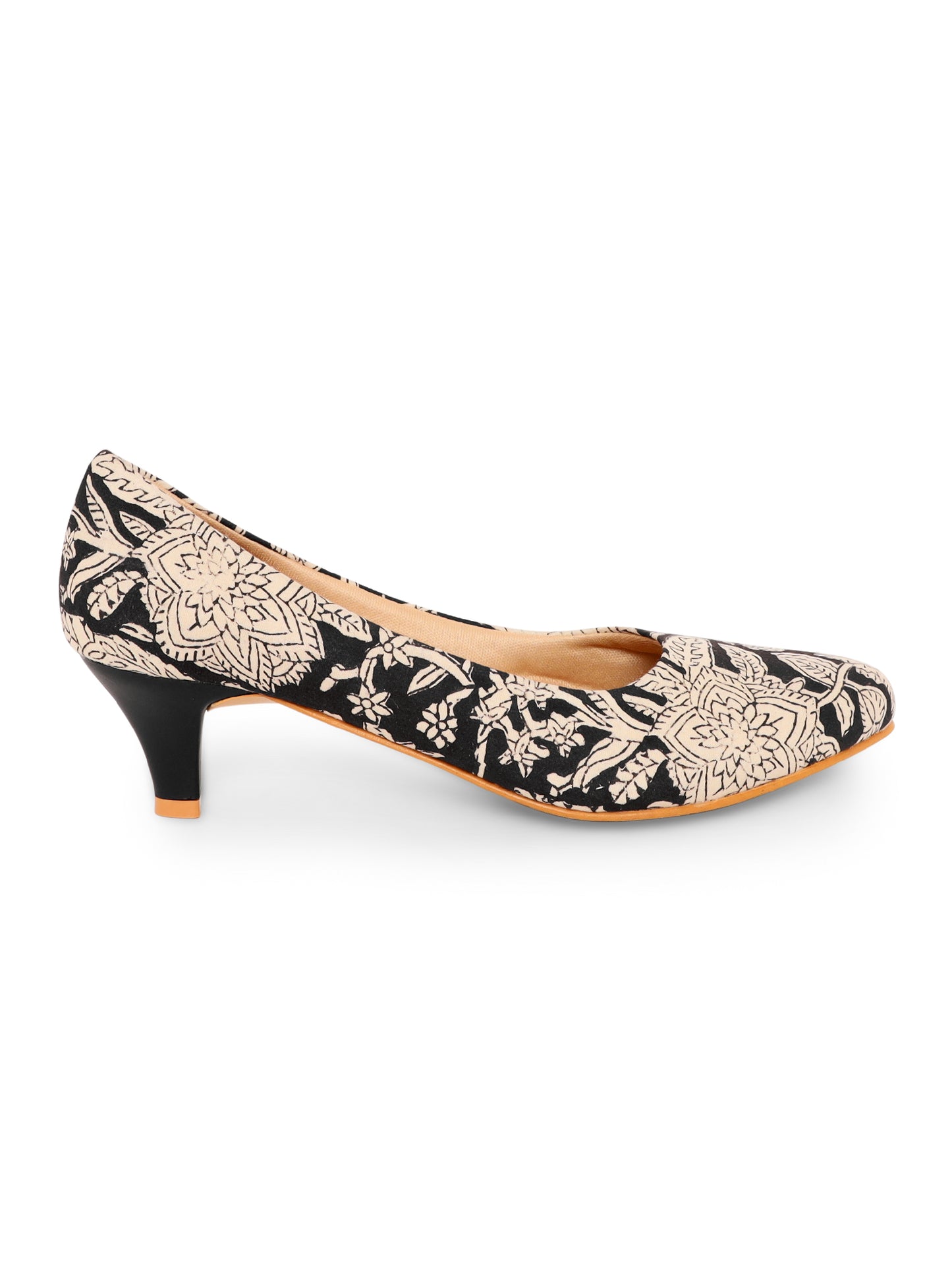 Black Kalamkari Print Kitten Heels