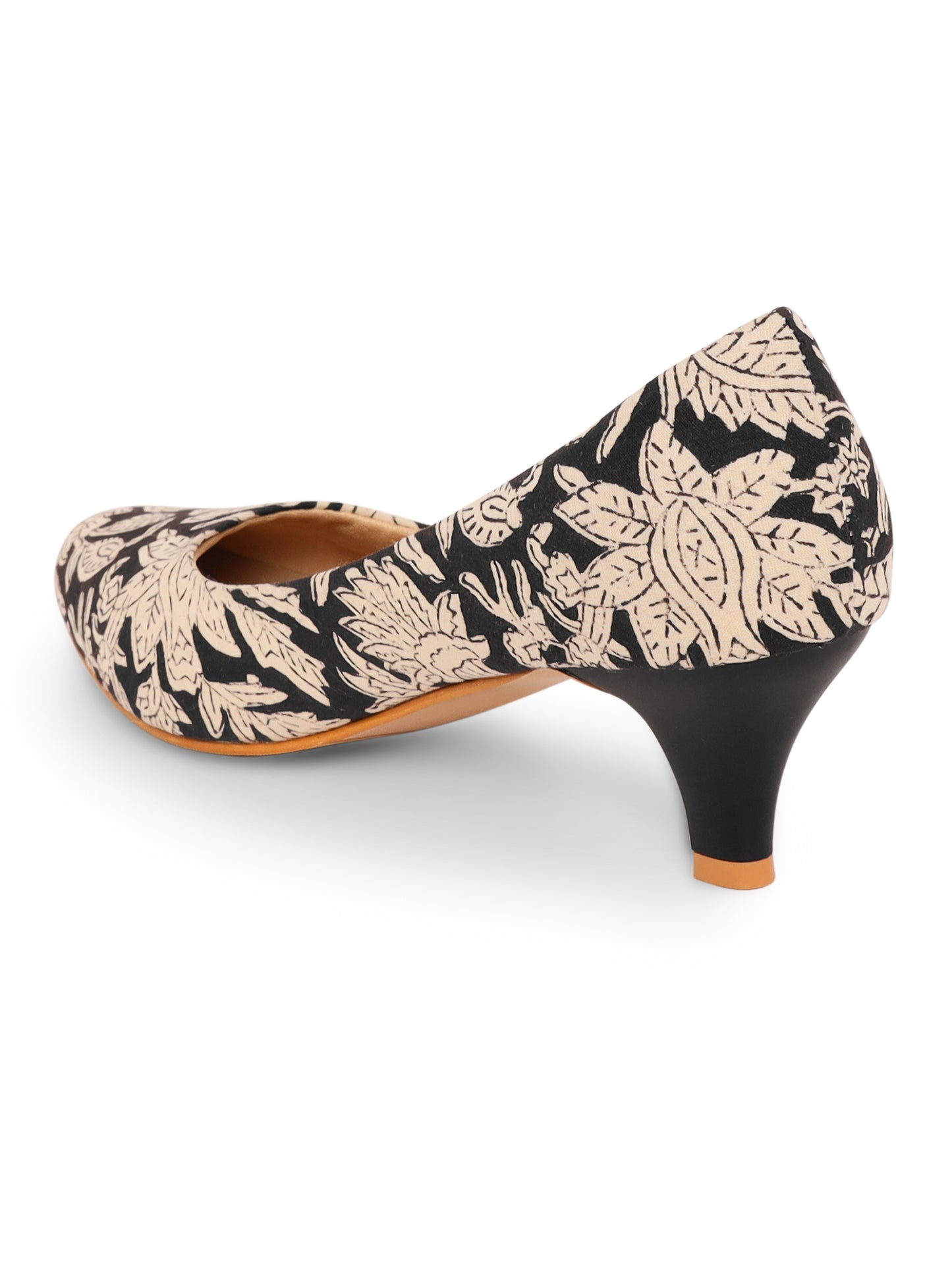 Black Kalamkari Print Kitten Heels
