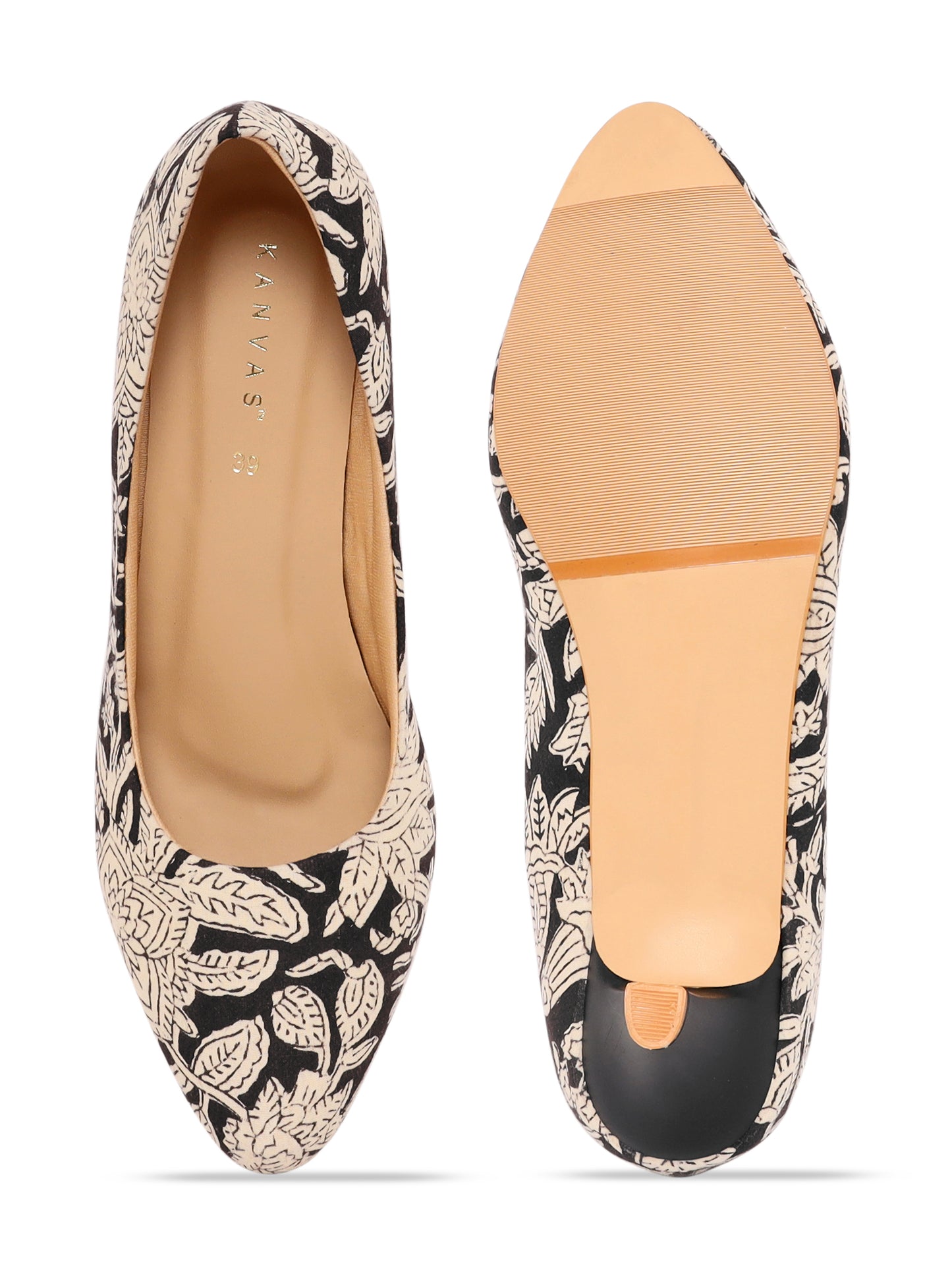 Black Kalamkari Print Kitten Heels