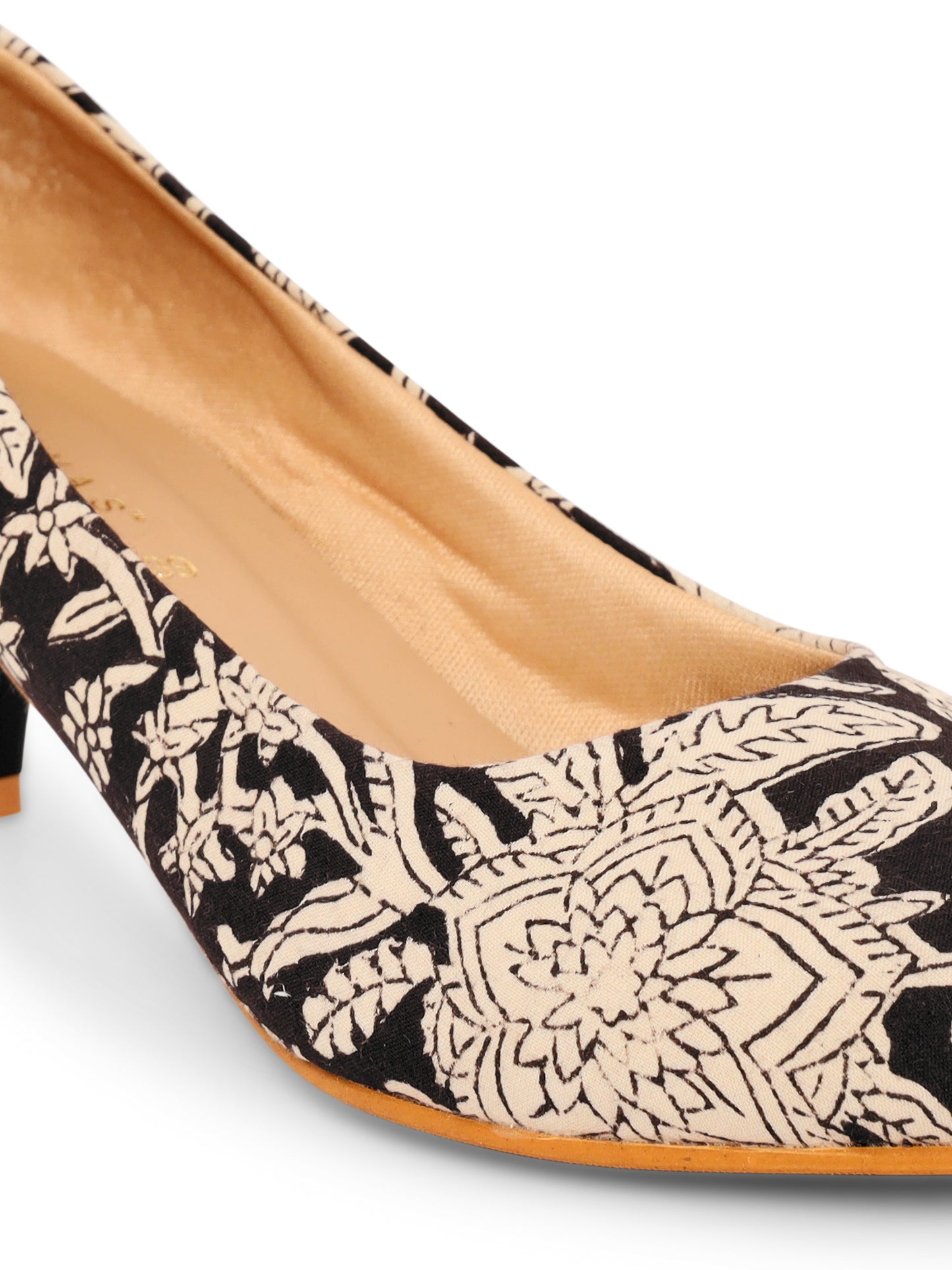 Black Kalamkari Print Kitten Heels
