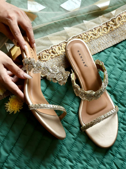 Light Gold Embroidered Block Heels