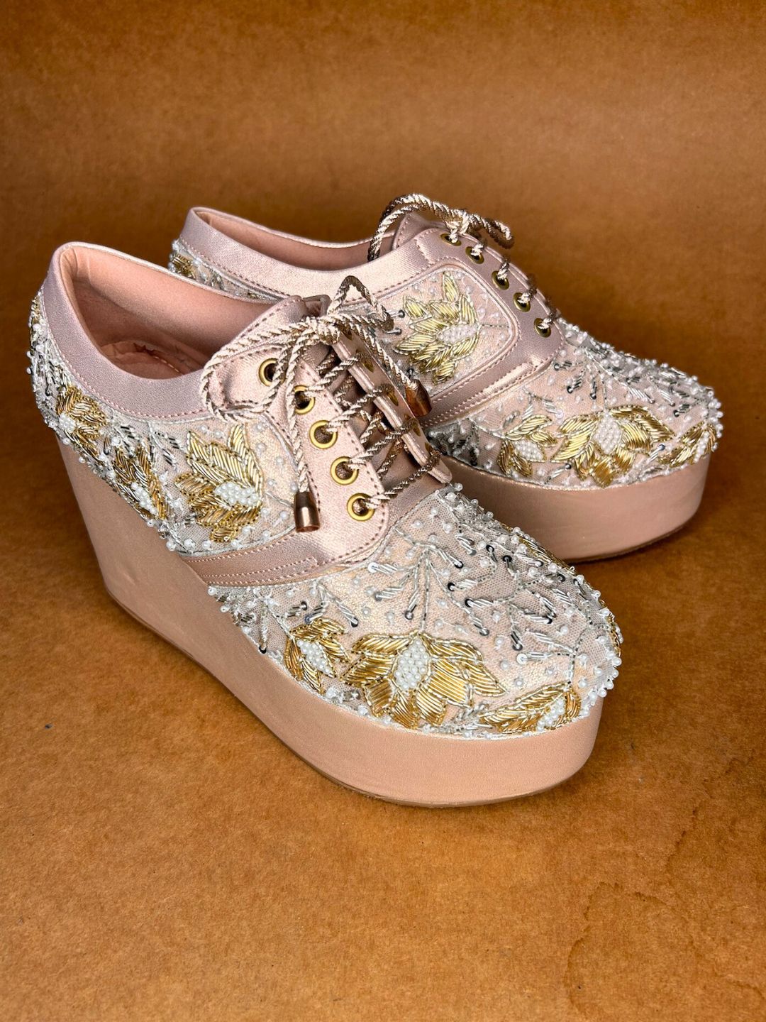 Rose Gold Embroidered High Wedge Sneakers