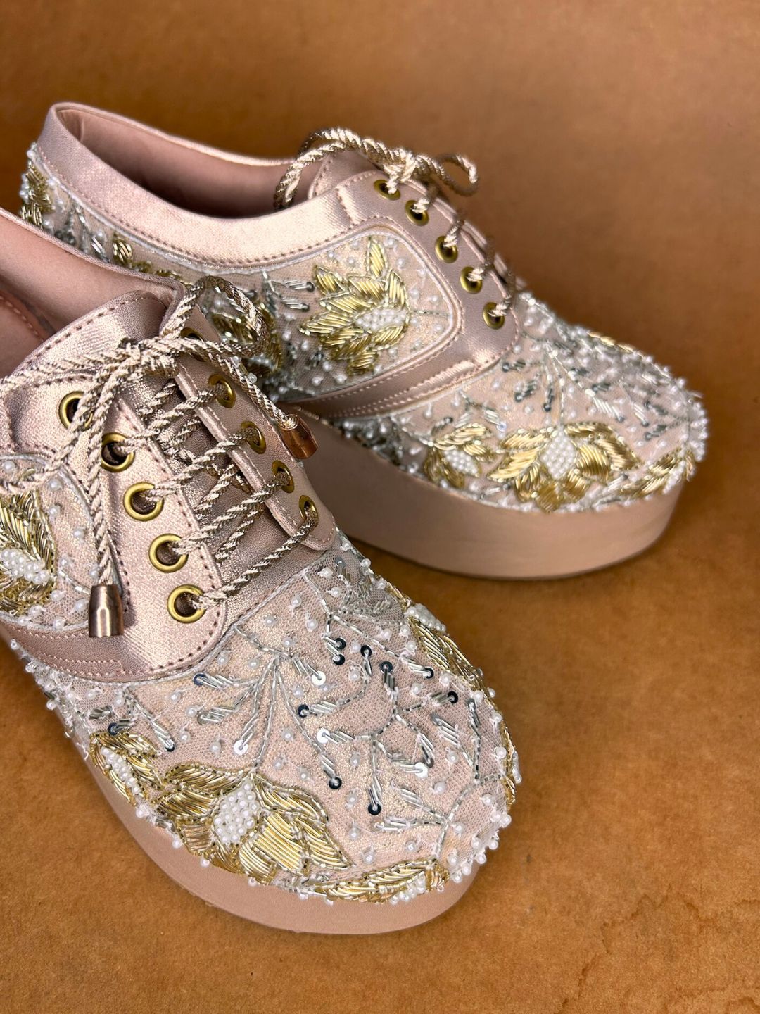Rose Gold Embroidered High Wedge Sneakers