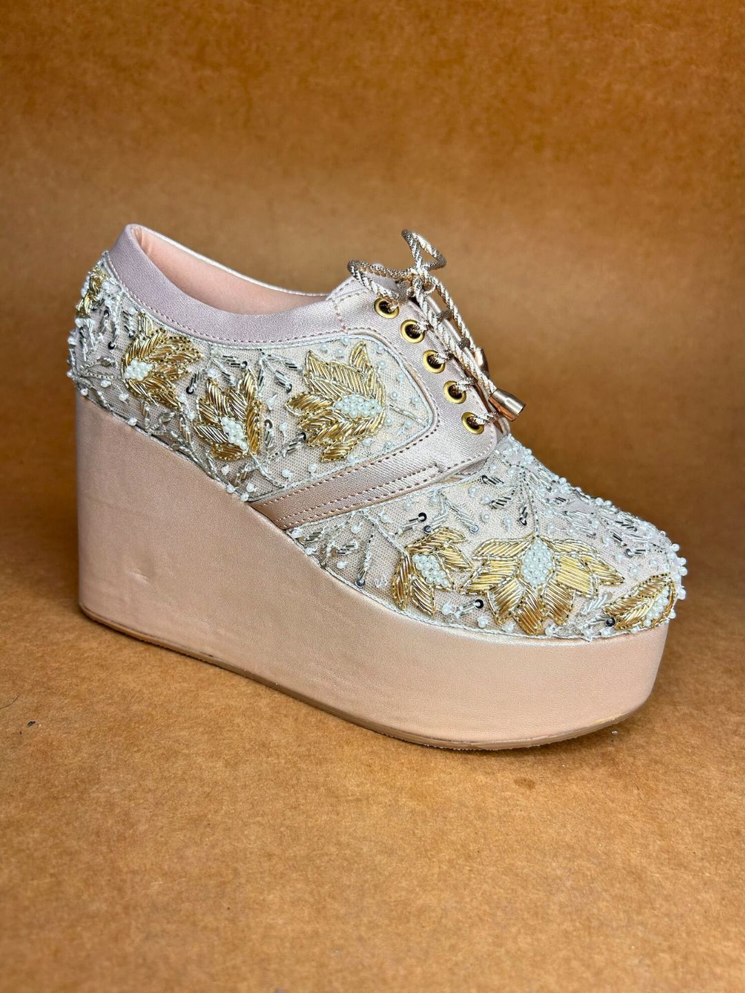 Rose Gold Embroidered High Wedge Sneakers