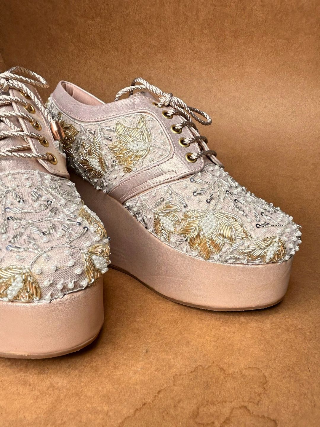 Rose Gold Embroidered High Wedge Sneakers