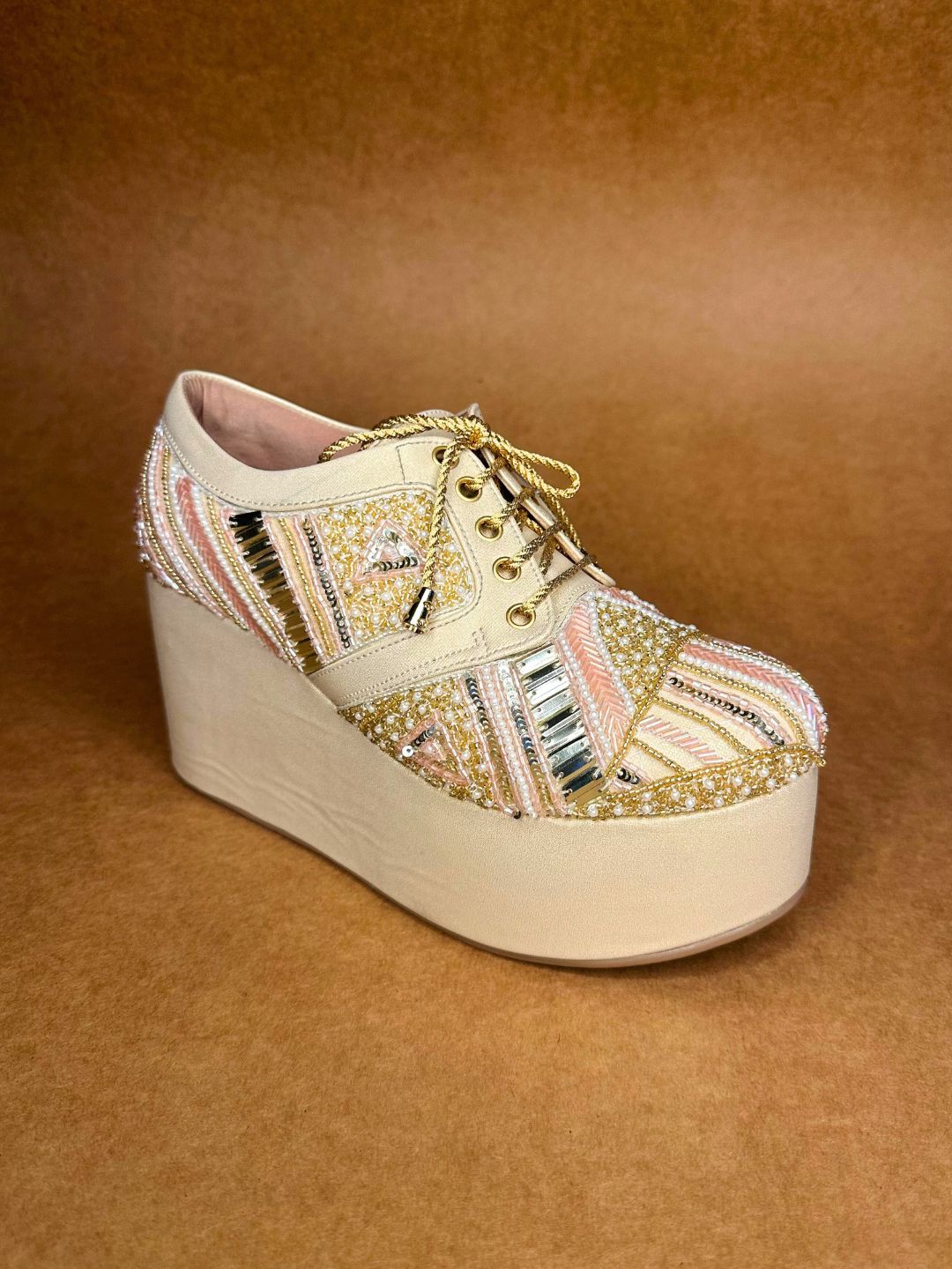 Gold Hand Embroidered Wedges Sneakers