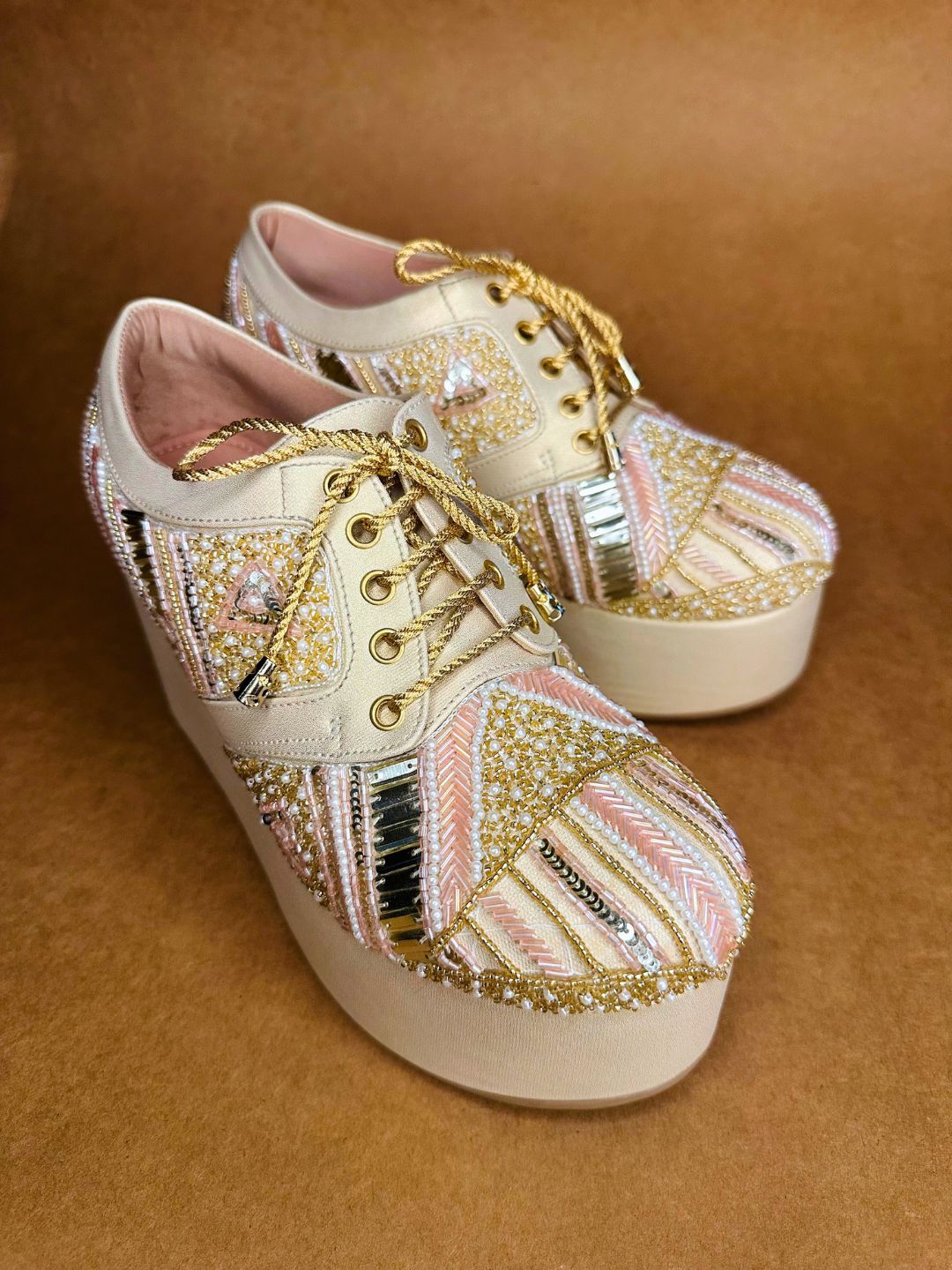 Gold Hand Embroidered Wedges Sneakers