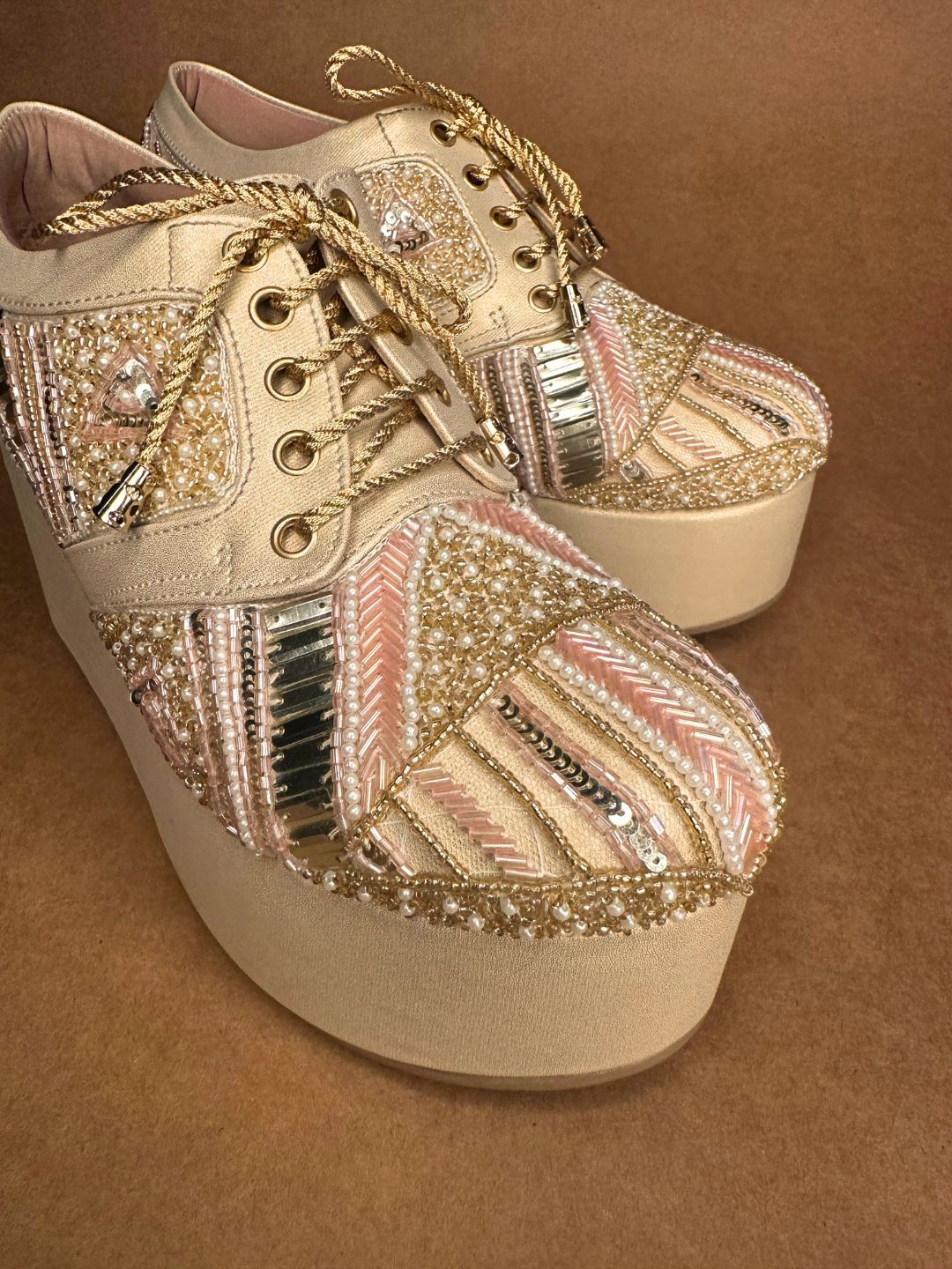 Gold Hand Embroidered Wedges Sneakers