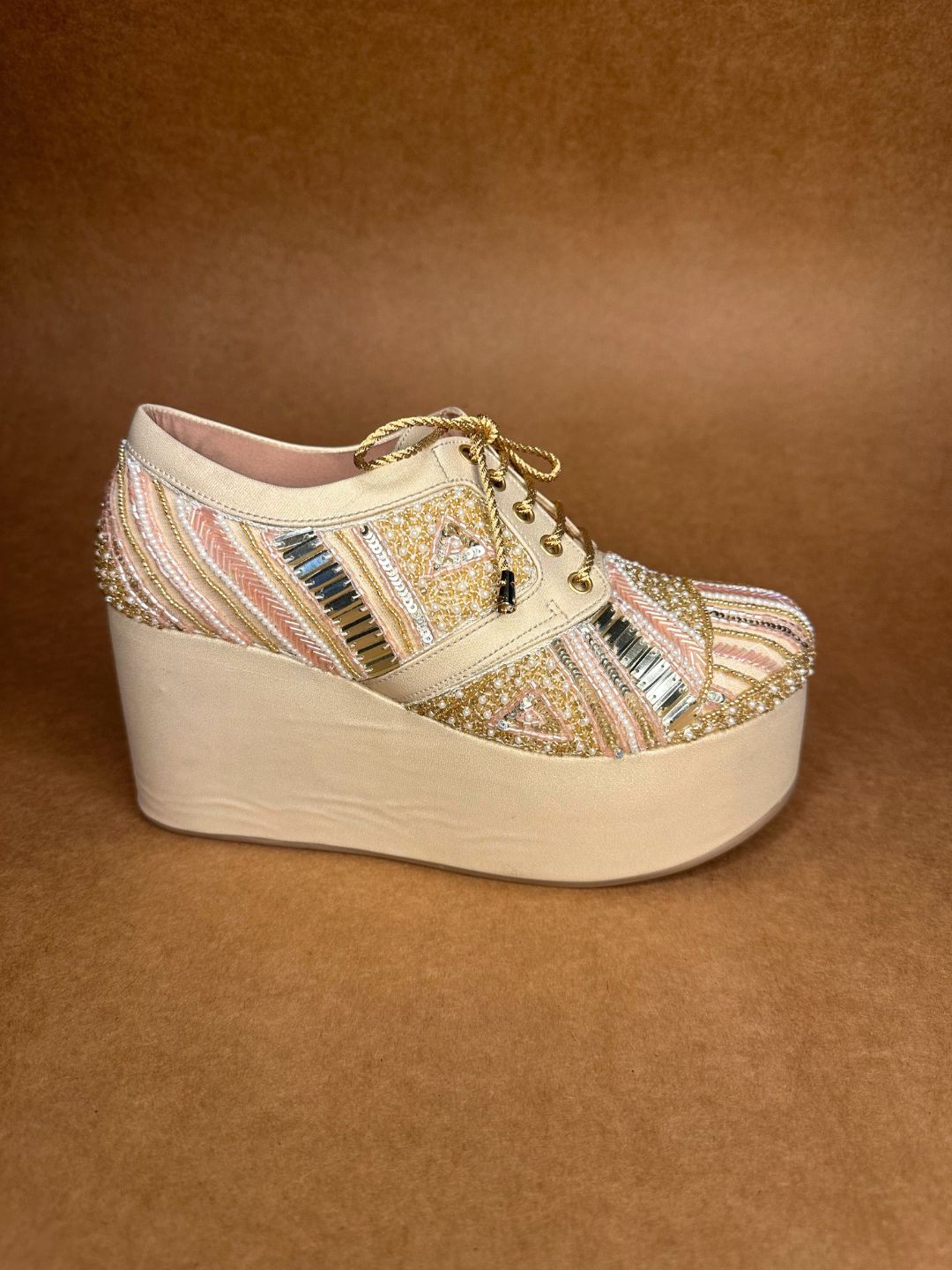Gold Hand Embroidered Wedges Sneakers