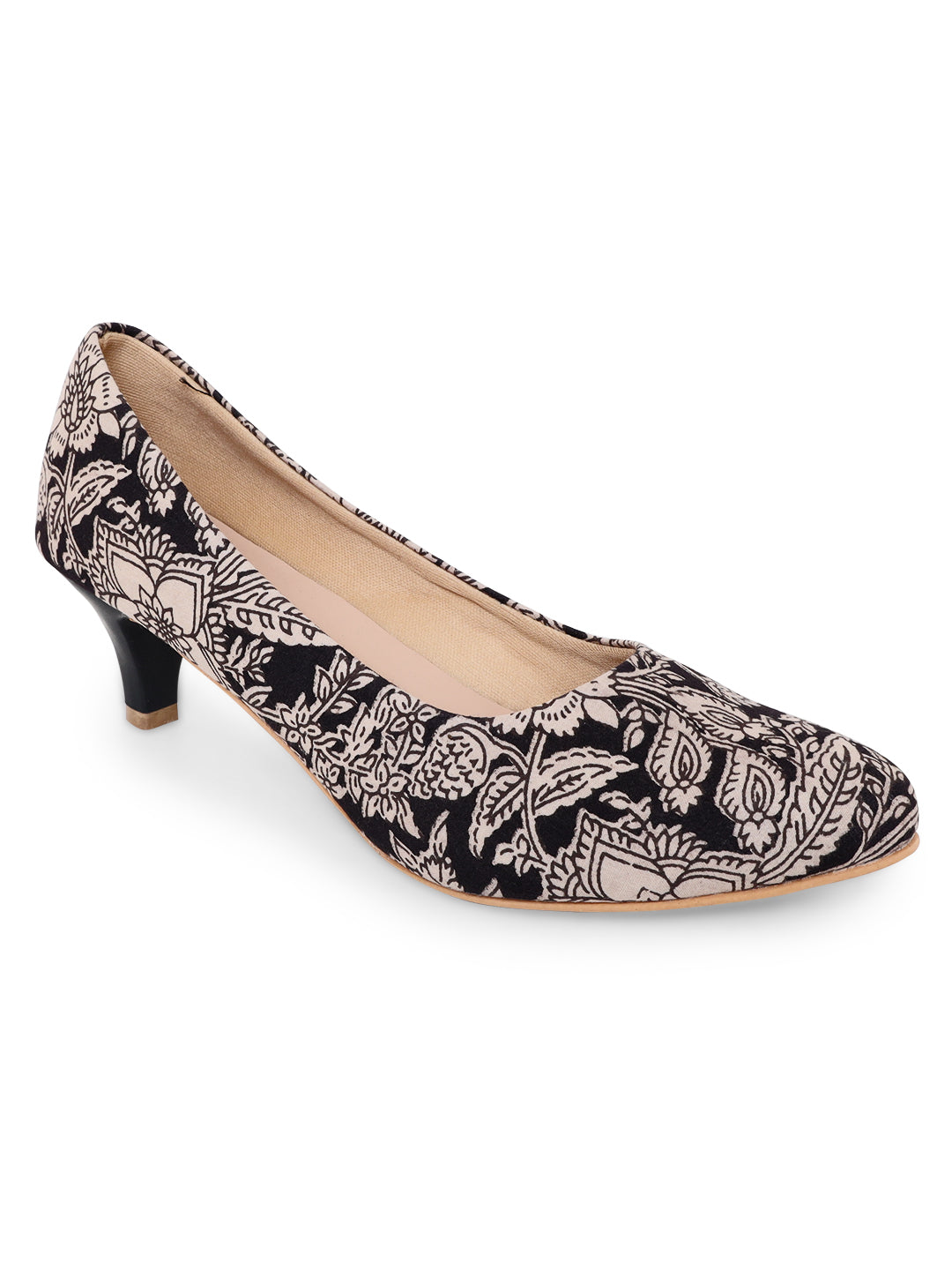 Black Kalamkari Print Kitten Heels