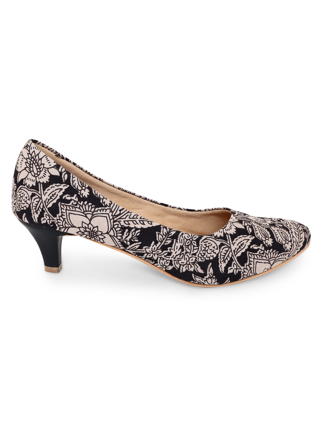 Black Kalamkari Print Kitten Heels