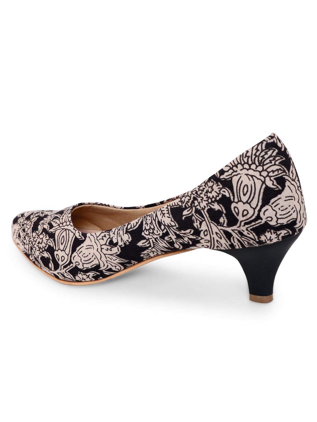 Black Kalamkari Print Kitten Heels