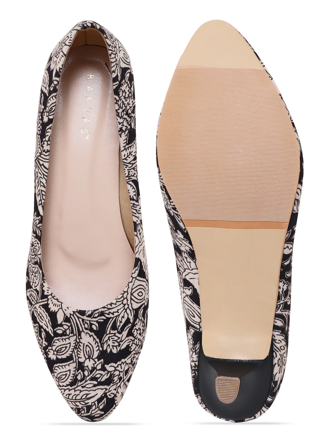 Black Kalamkari Print Kitten Heels