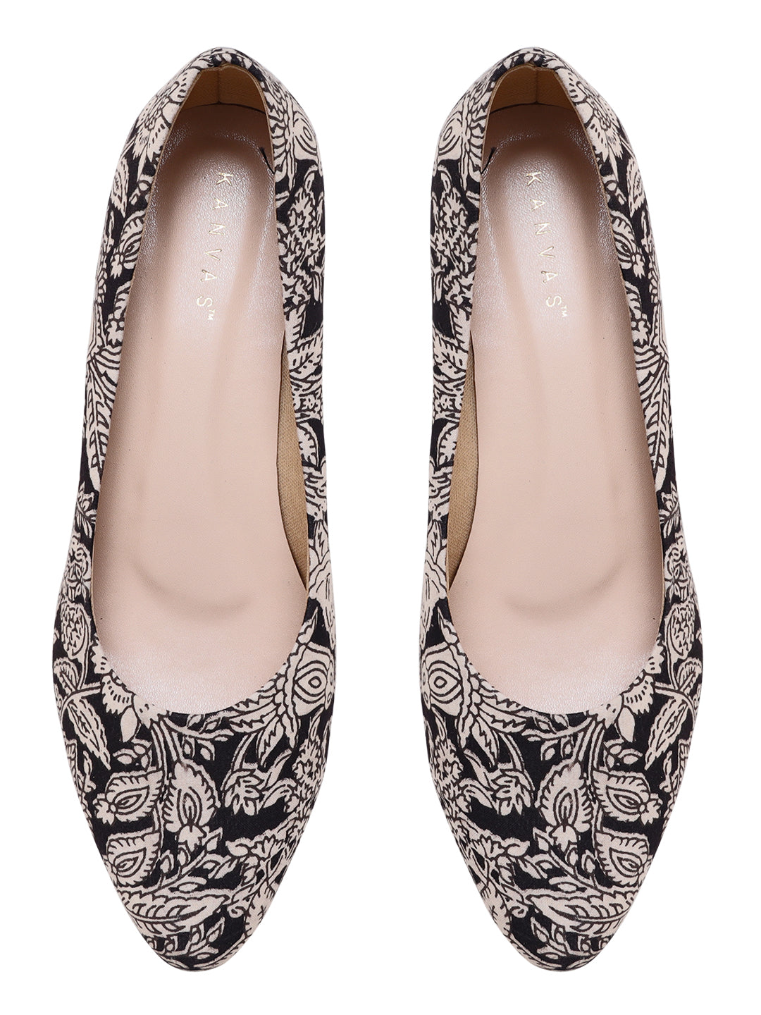 Black Kalamkari Print Kitten Heels