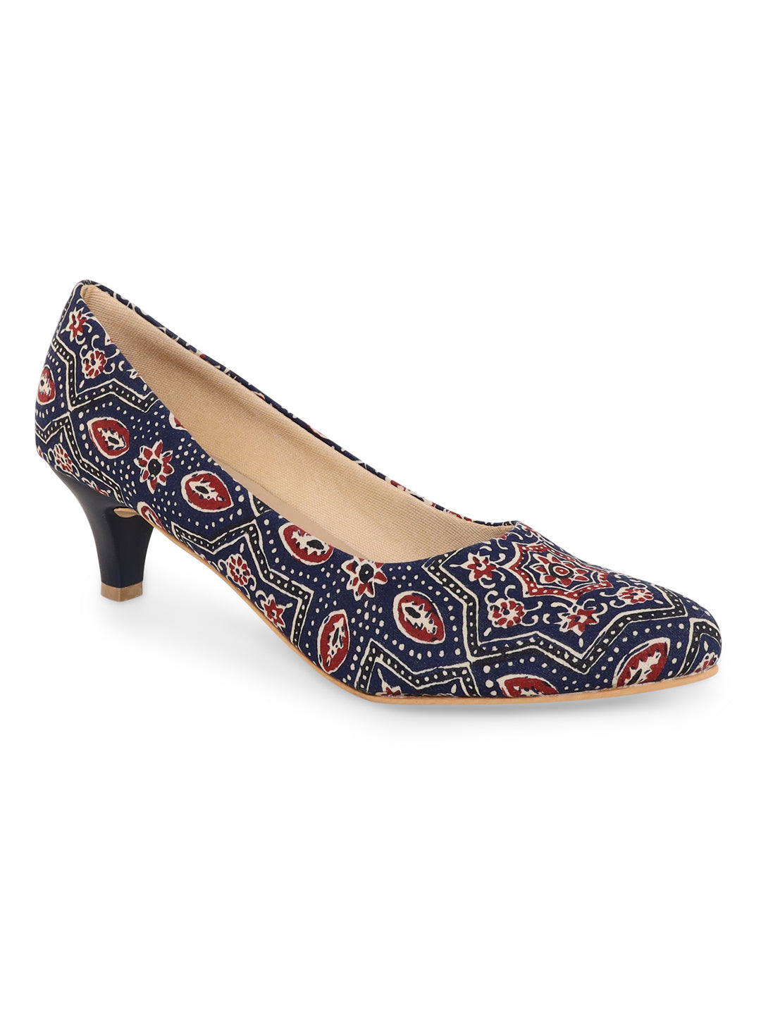 Traditional Ajrakh Blue Kitten Heels - Main Image