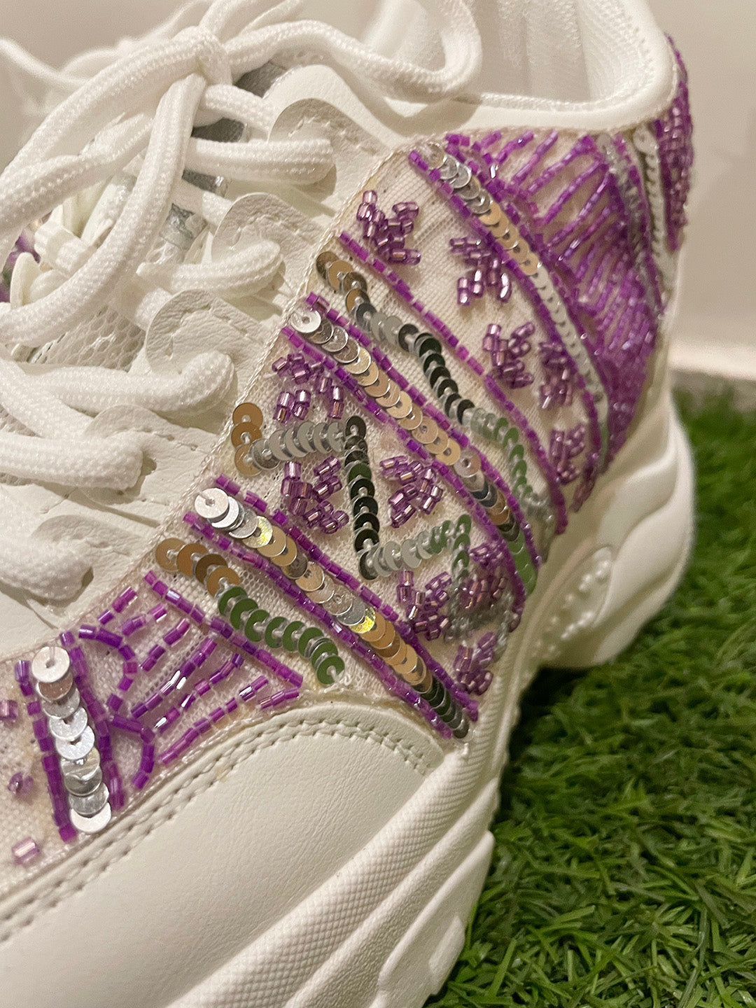 Lavender and Silver Sequins Custom Kanvas Sneakers