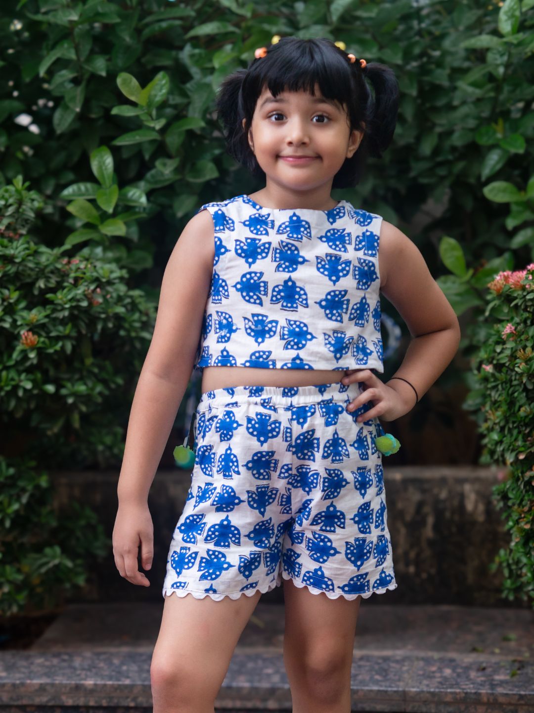 Girls Cotton Linen Top and Shorts Set - Blue Bird
