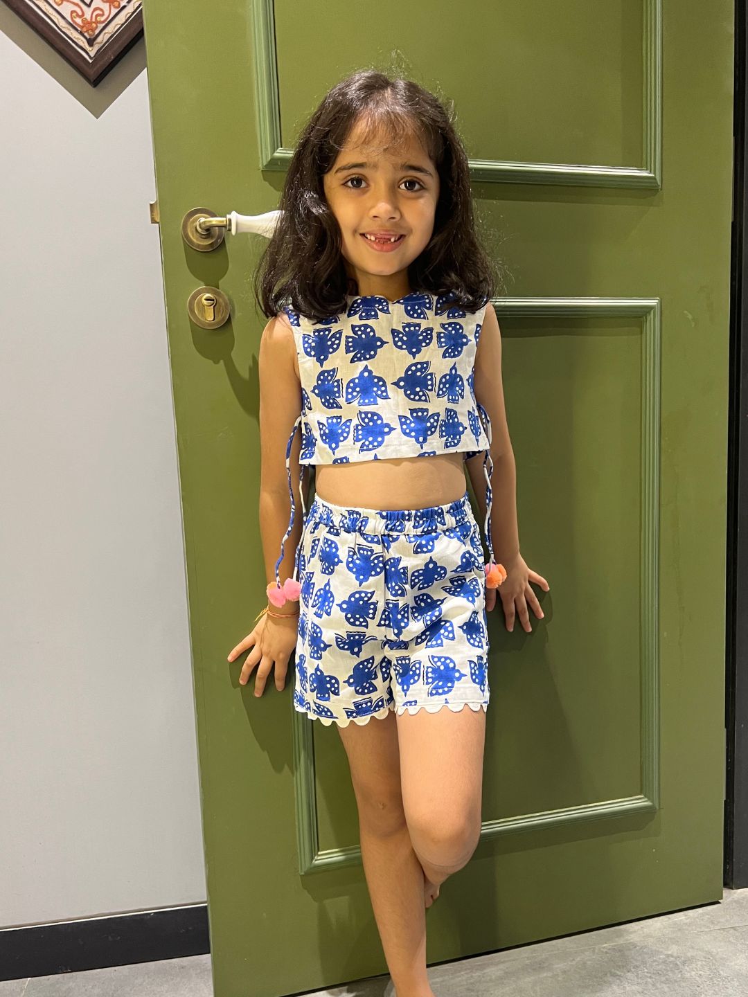 Girls Cotton Linen Top and Shorts Set - Blue Bird
