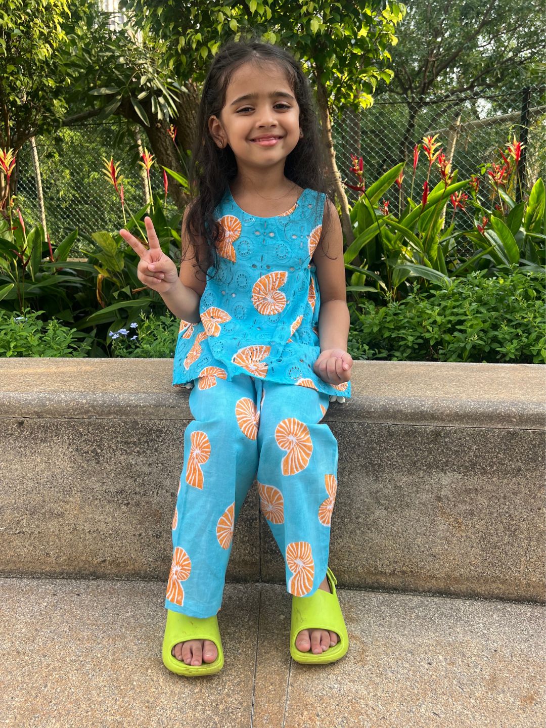 Girls Cotton Linen Co-ord Set - Blue Shell Print