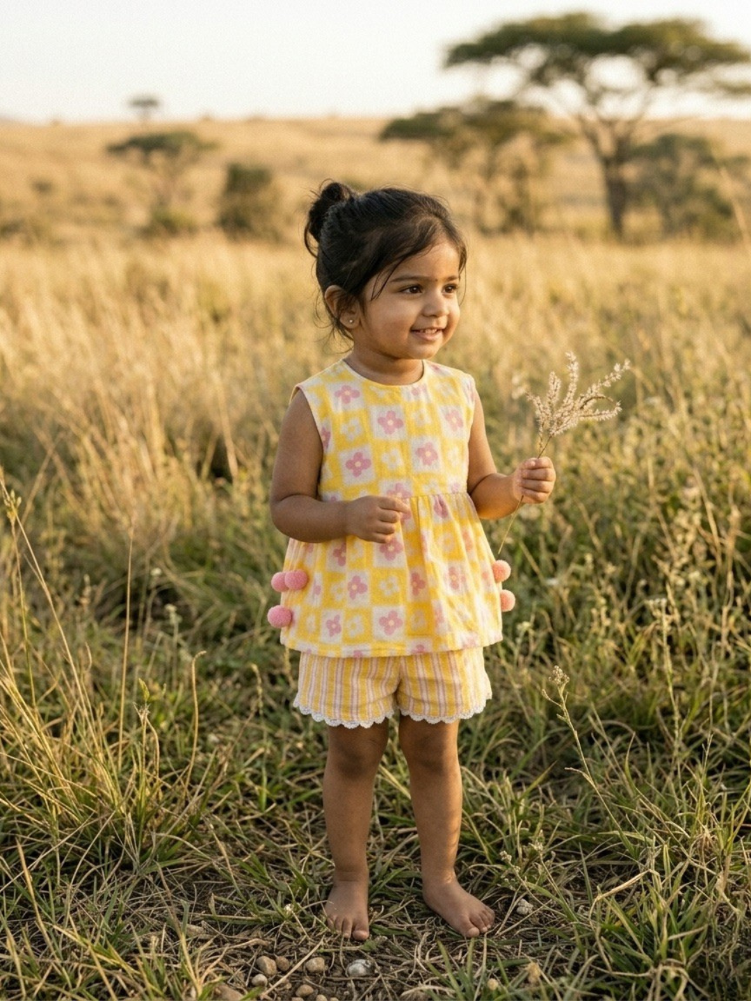 Girls Cotton Linen Top and Shorts Set – Yellow Flower Print