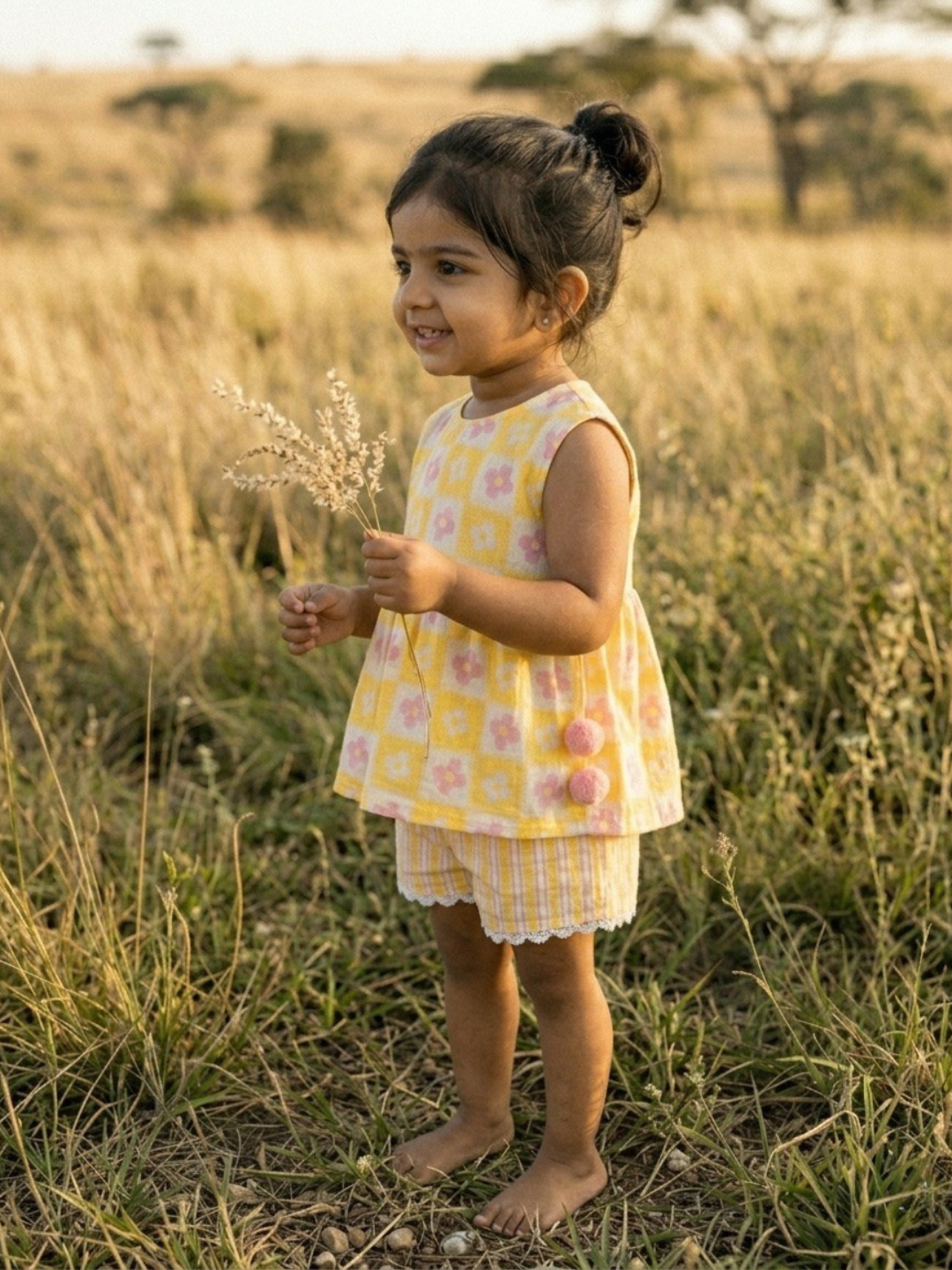 Girls Cotton Linen Top and Shorts Set – Yellow Flower Print