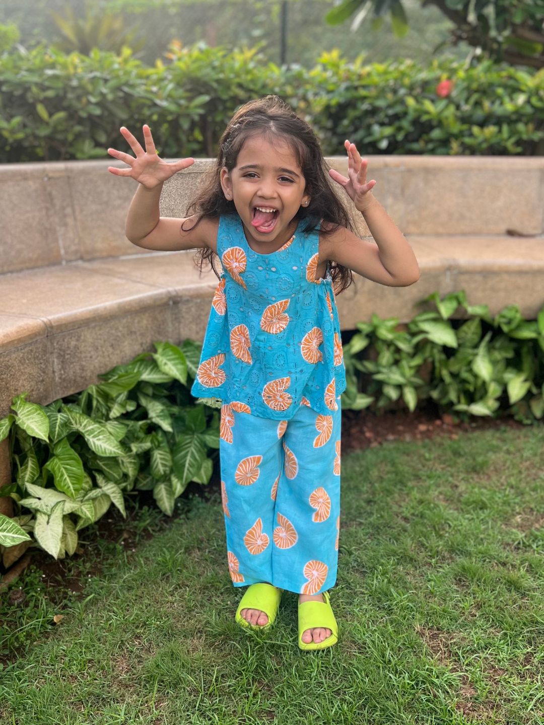 Girls Cotton Linen Co-ord Set - Blue Shell Print