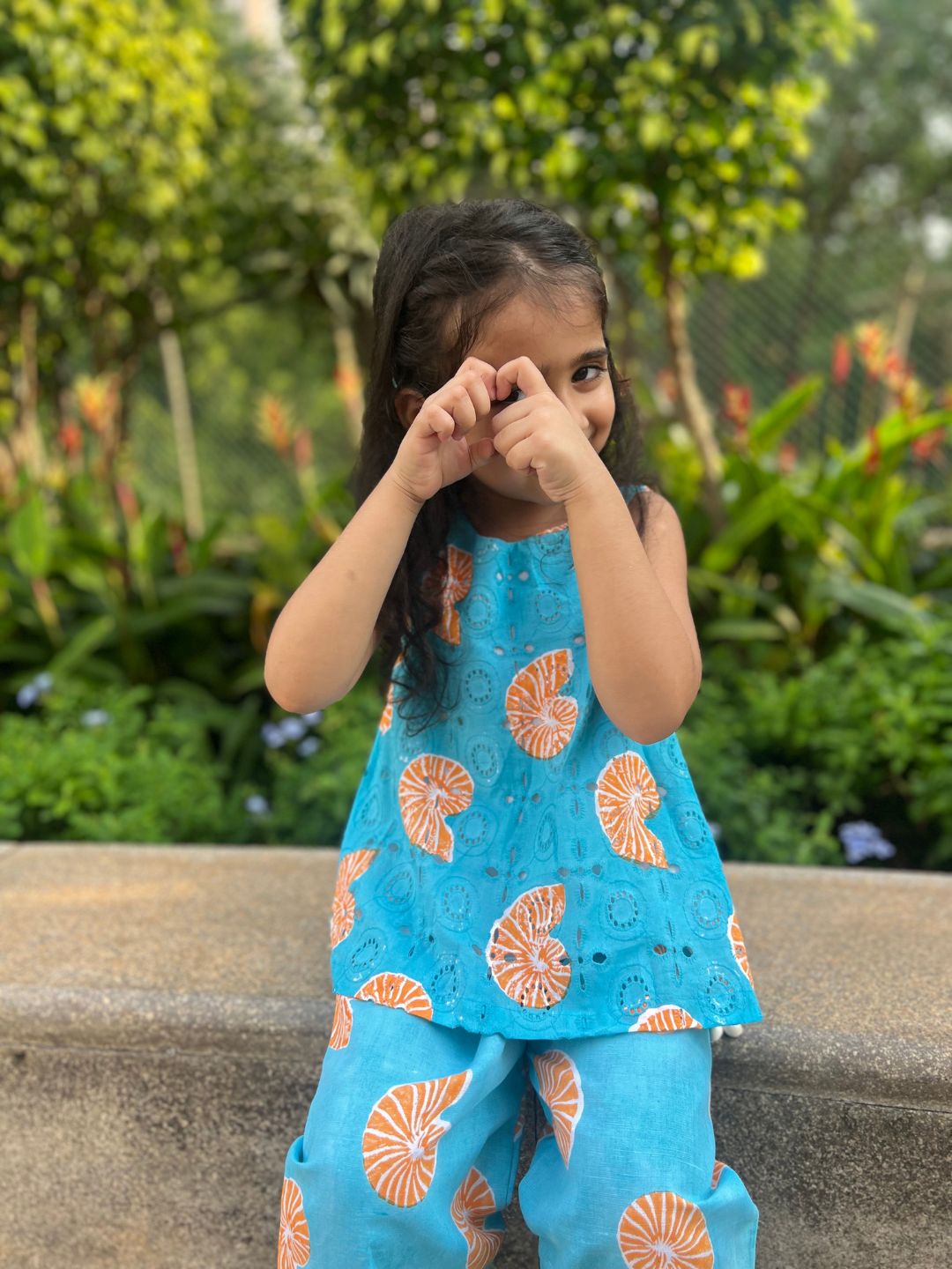Girls Cotton Linen Co-ord Set - Blue Shell Print