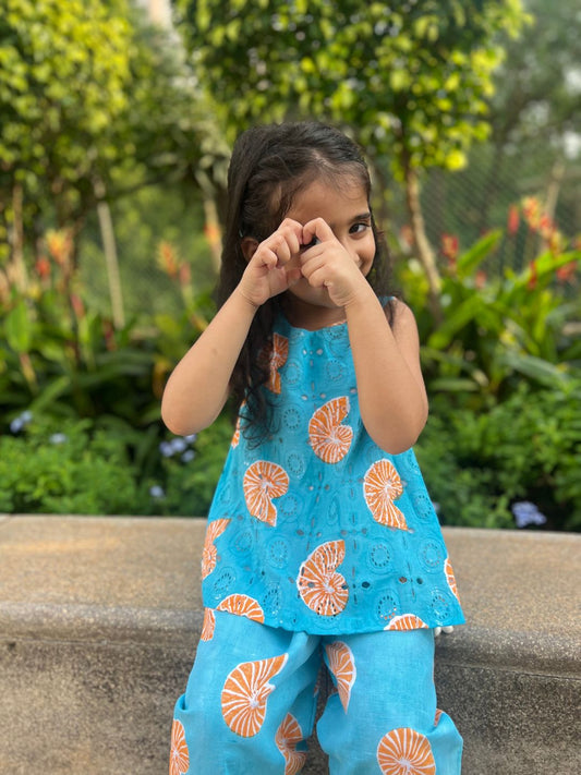 Girls Cotton Linen Co-ord Set - Blue Shell Print