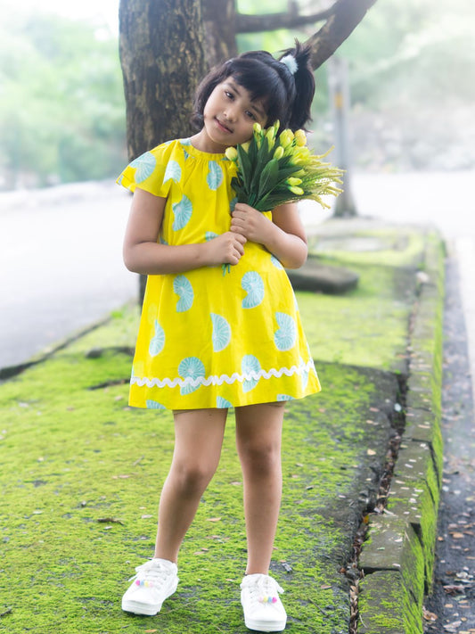 Girls Cotton Dress - Yellow Shell Print