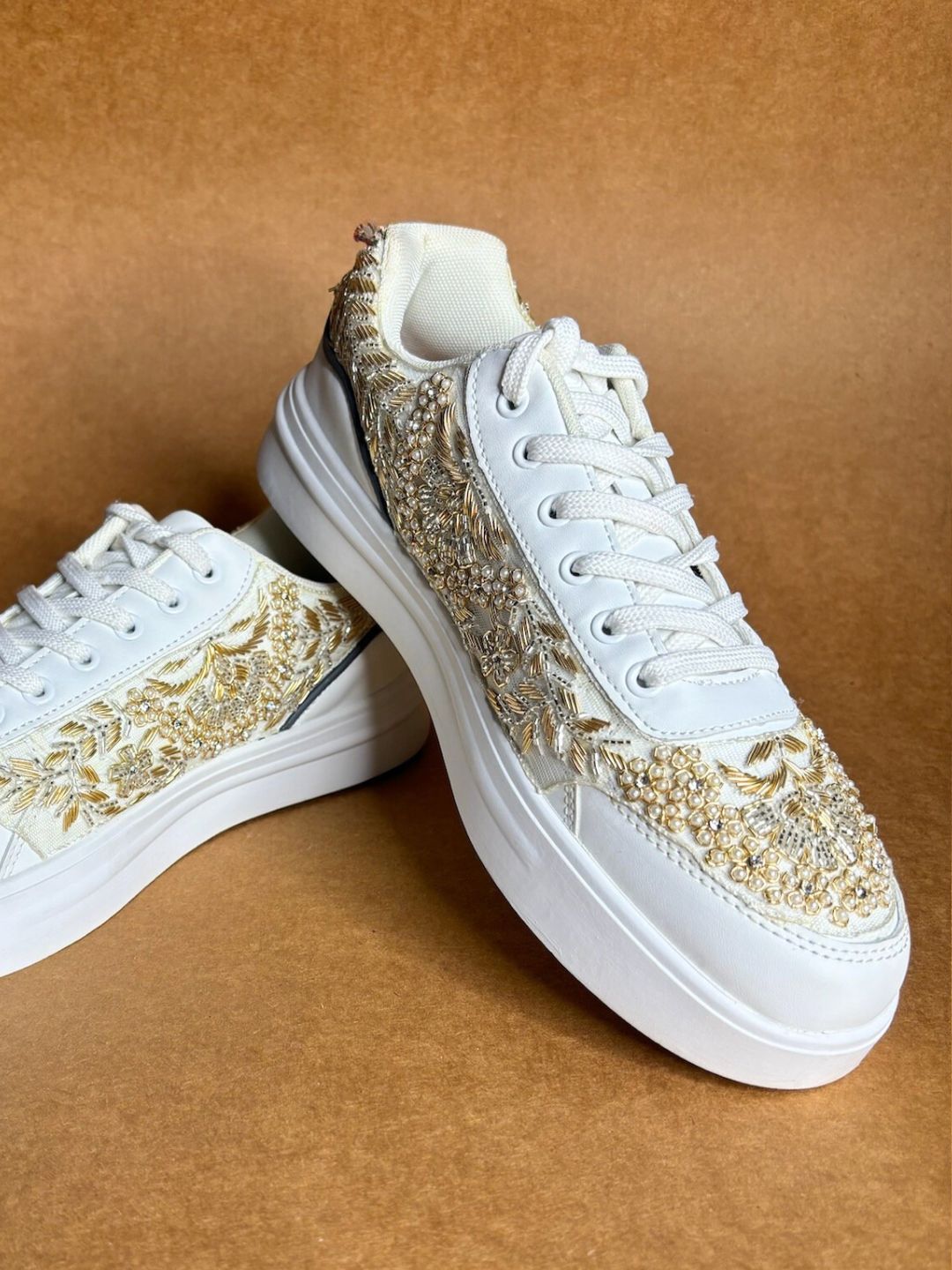 Gold Pearl Work Designer Flat Sneakers