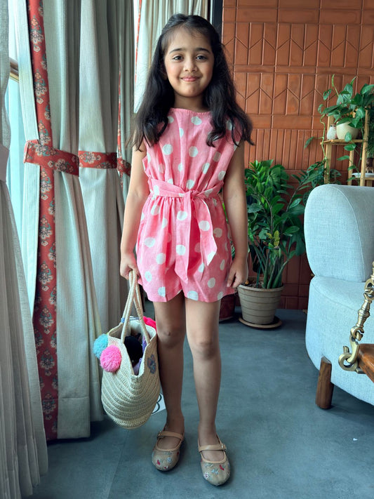 Girls Cotton Linen Jumpsuit - Pink Polka Print