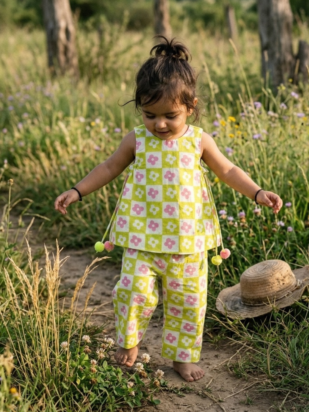Girls Cotton Linen Co-ord Set - Green Flower Print