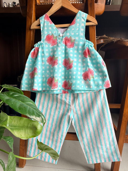 Girls Cotton Co-ord Set - Blue Hibiscus Print
