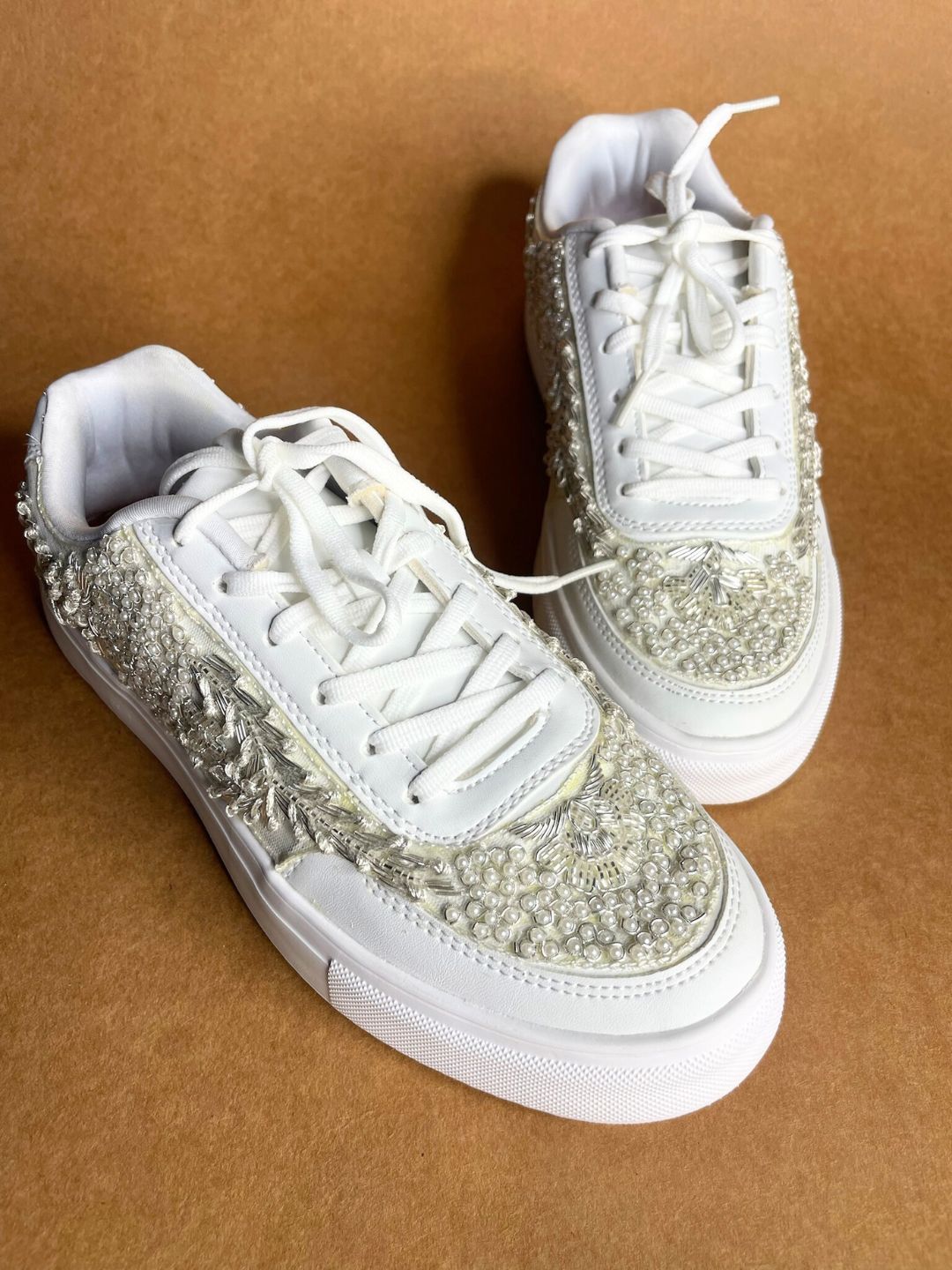 Silver Pearl Work Designer Flat Sneakers