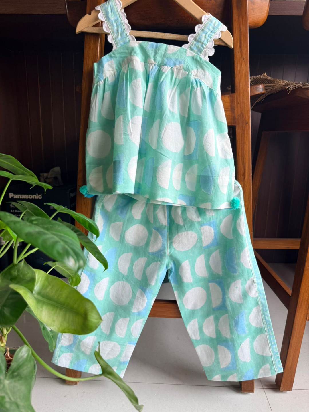 Girls Cotton Linen Co-ord Set - Green Circle Print