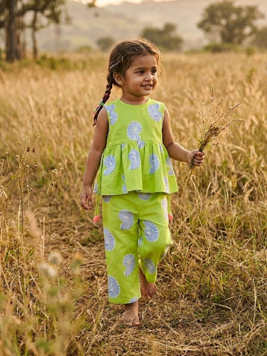 Girls Cotton Linen Co-ord Set - Green Shell Print