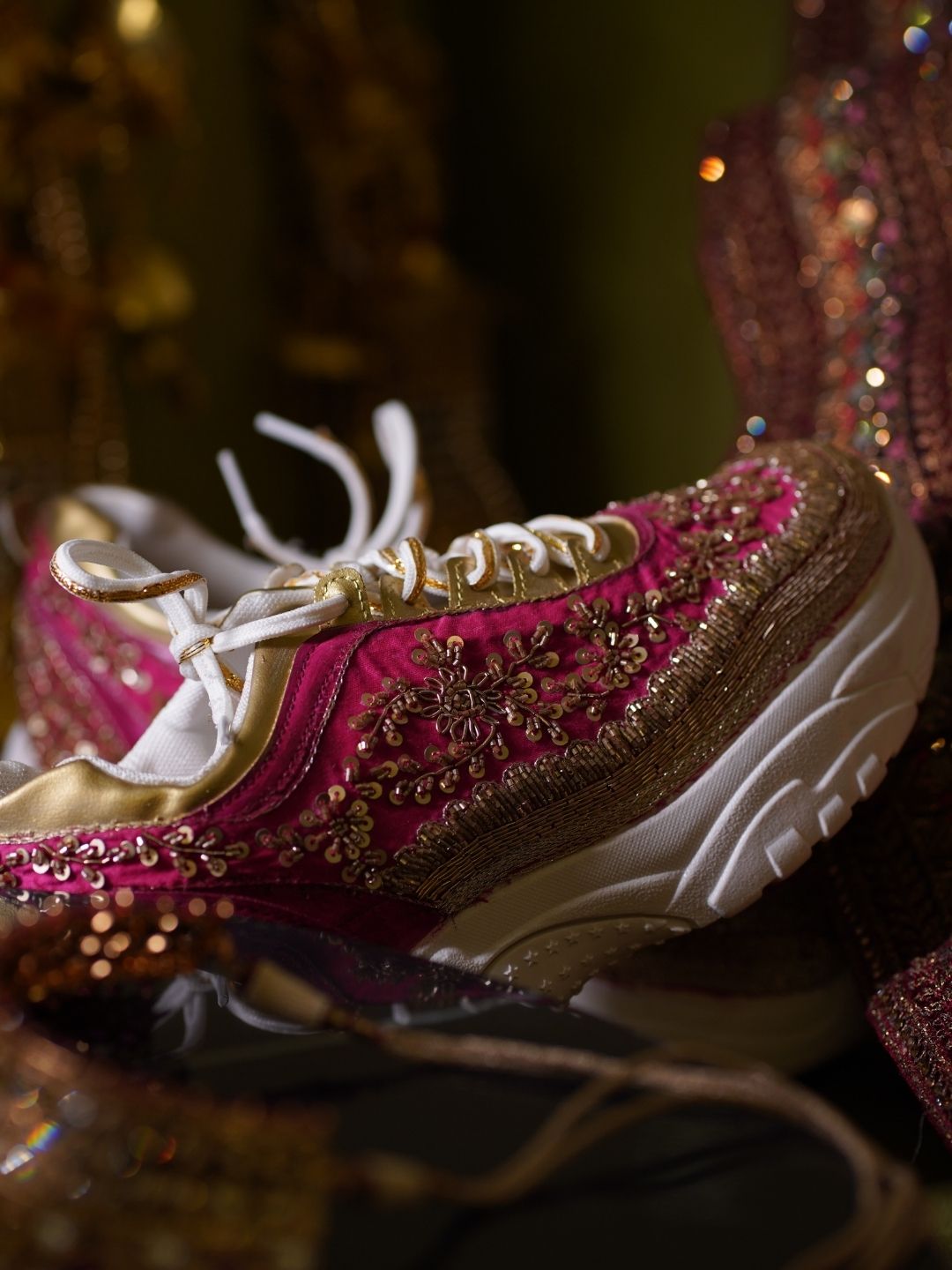 Intricately Crafted Magenta Zardozi Sneakers