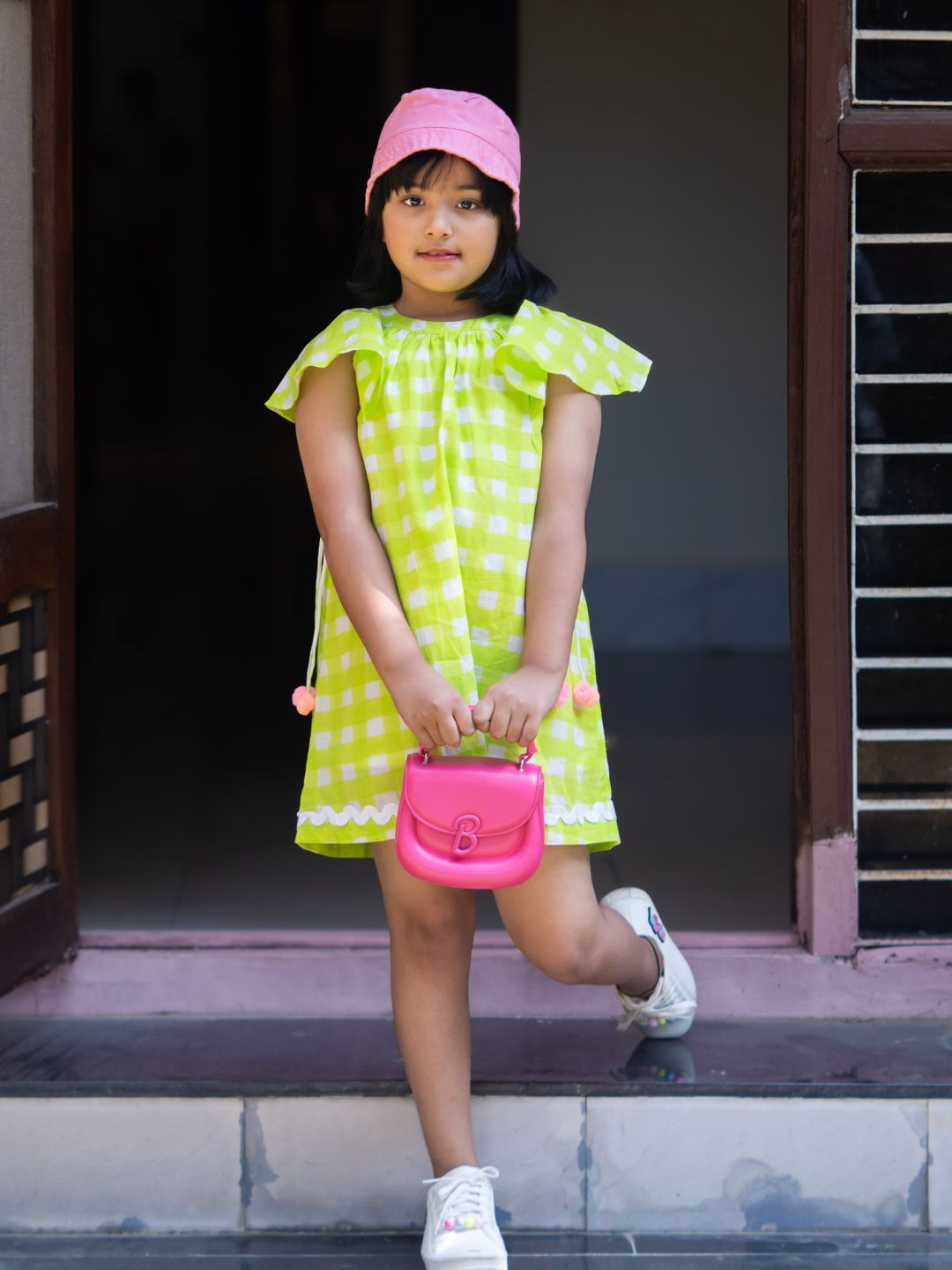 Girls Cotton Dress - Green Checks Print