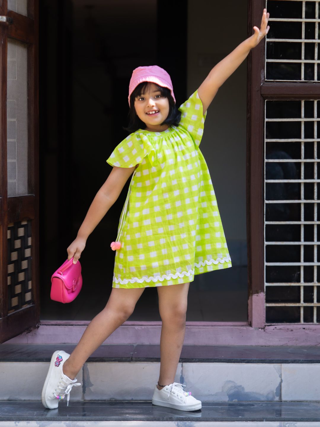 Girls Cotton Dress - Green Checks Print