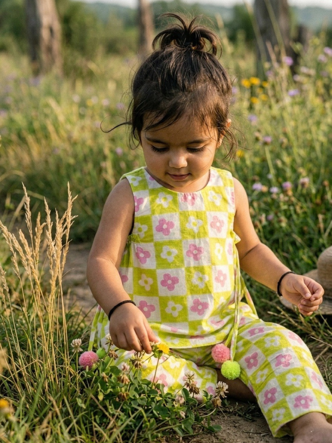 Girls Cotton Linen Co-ord Set - Green Flower Print