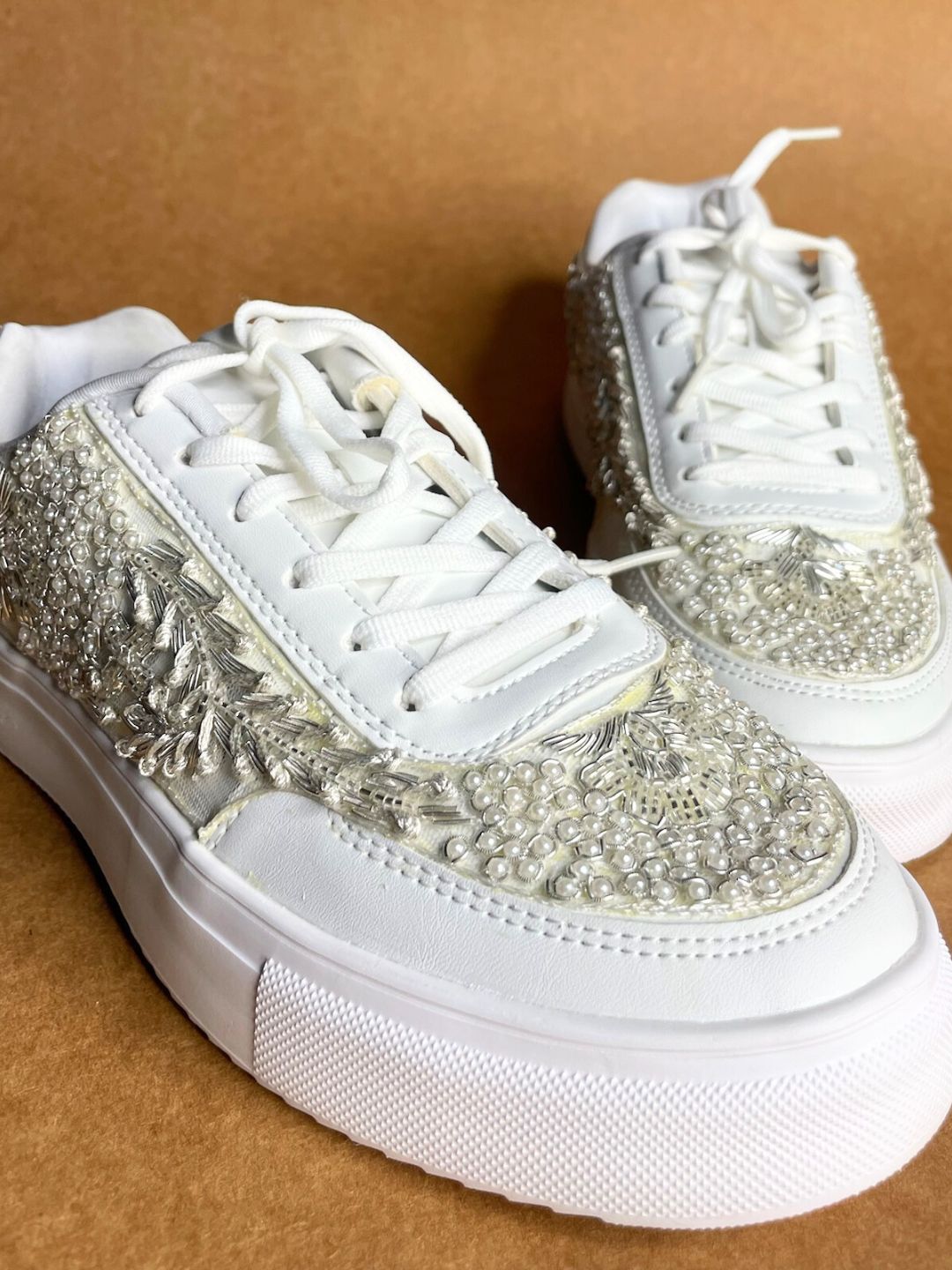 Silver Pearl Work Designer Flat Sneakers